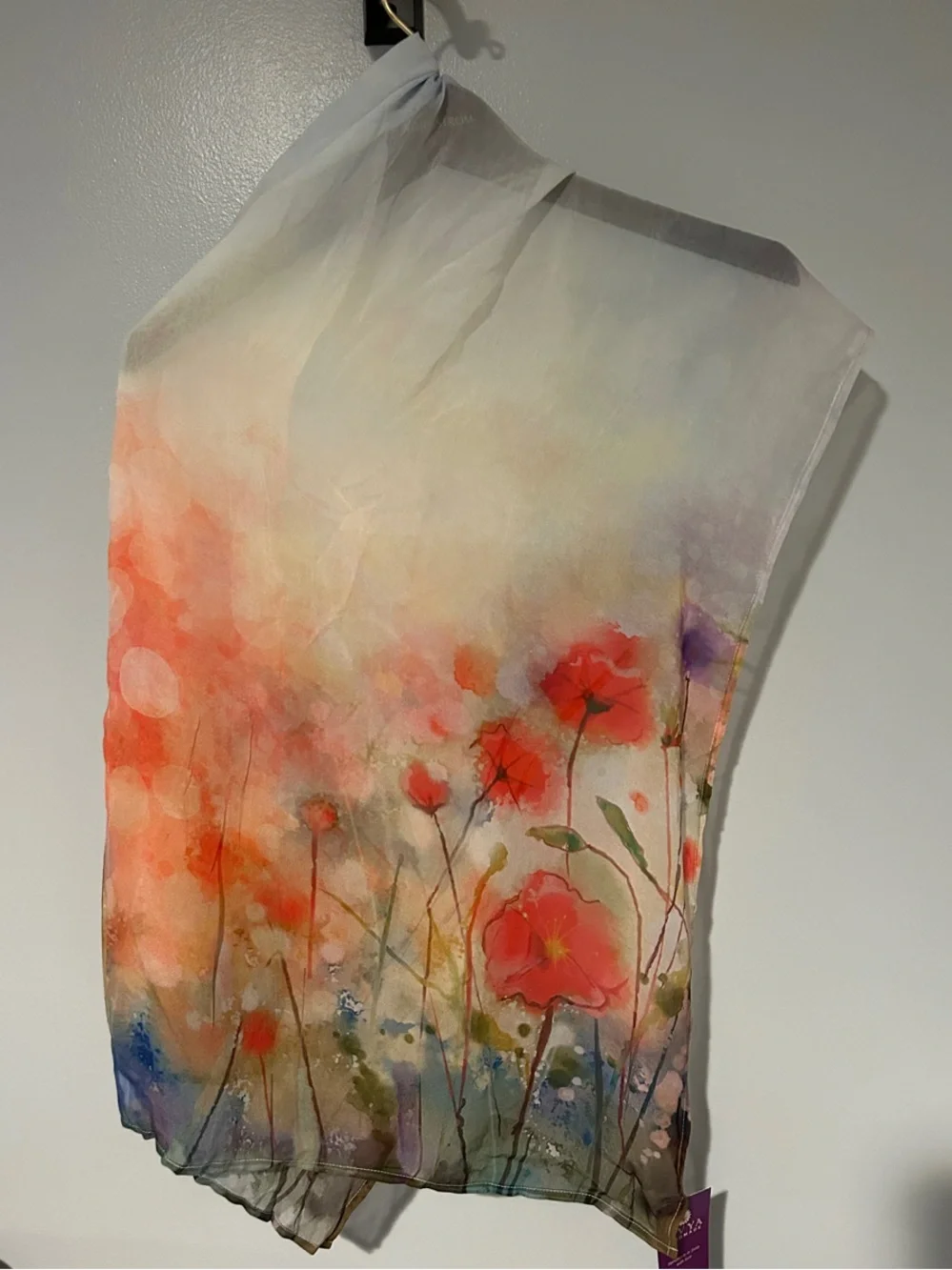 Sheer Floral Watercolor Wrap Scarf - White, Coral & Blue